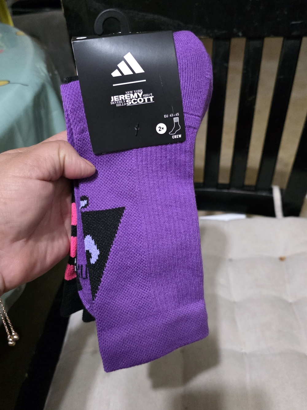 adidas Purple Crew Socks with Black Graphic and Pink Accent New